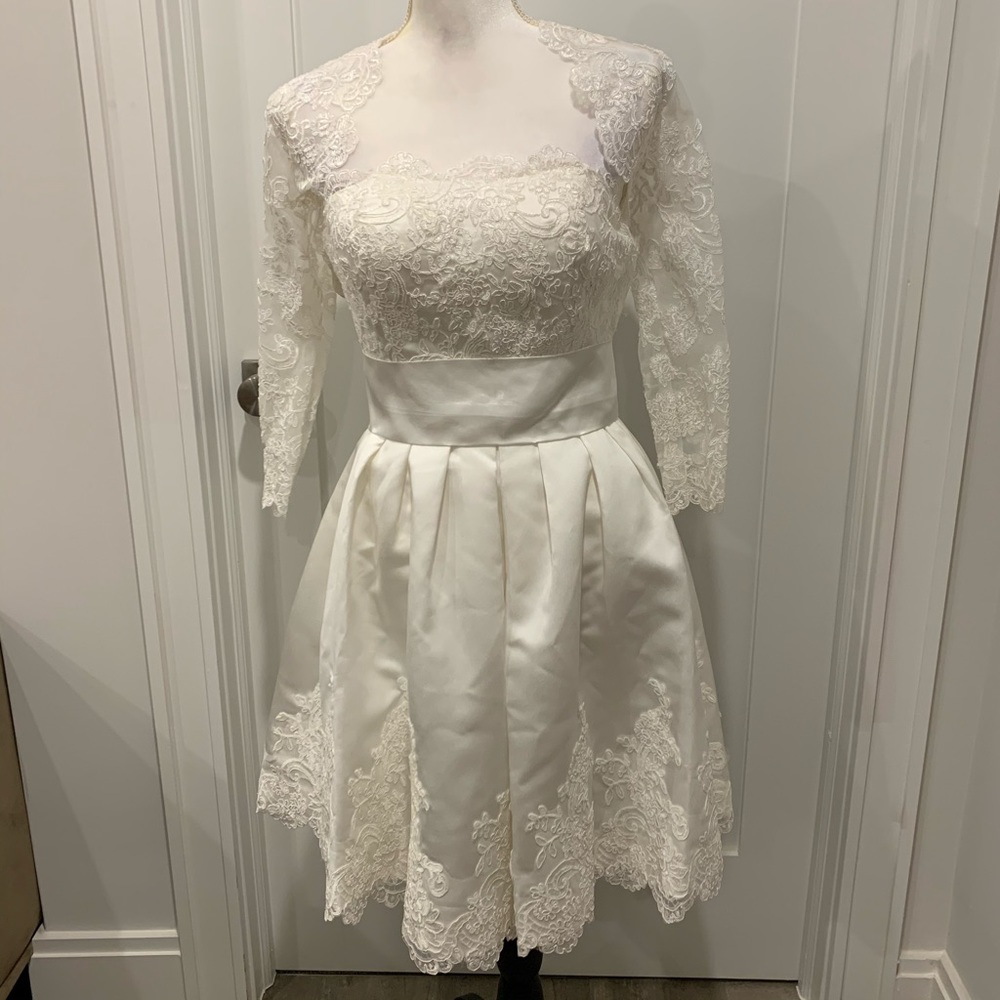 White satin lace knee length dress with bolero